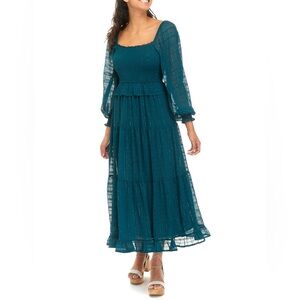 Anthropologie Moon River Maxi Dress Teal Smocked Chest Tiered Skirt SZ S EUC